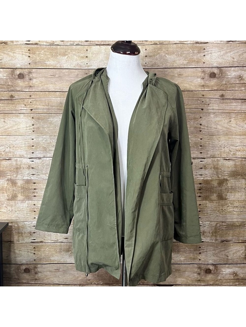 Love Tree Womens Size Large Olive Green Hooded Utility Jacket Open Front